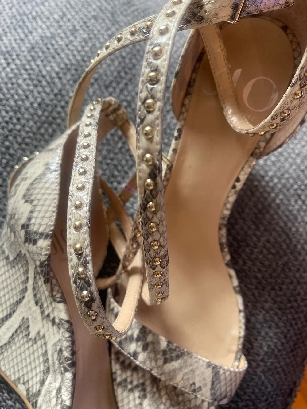 Jennifer Lopez Snake-Print Studded Ankle Strap Wedges - Beige